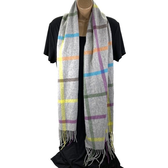 Coach Cashmere Legacy Scarf Shawl Fringe Plaid Gray Pink 64 in Preppy Old Money - Picture 7 of 15